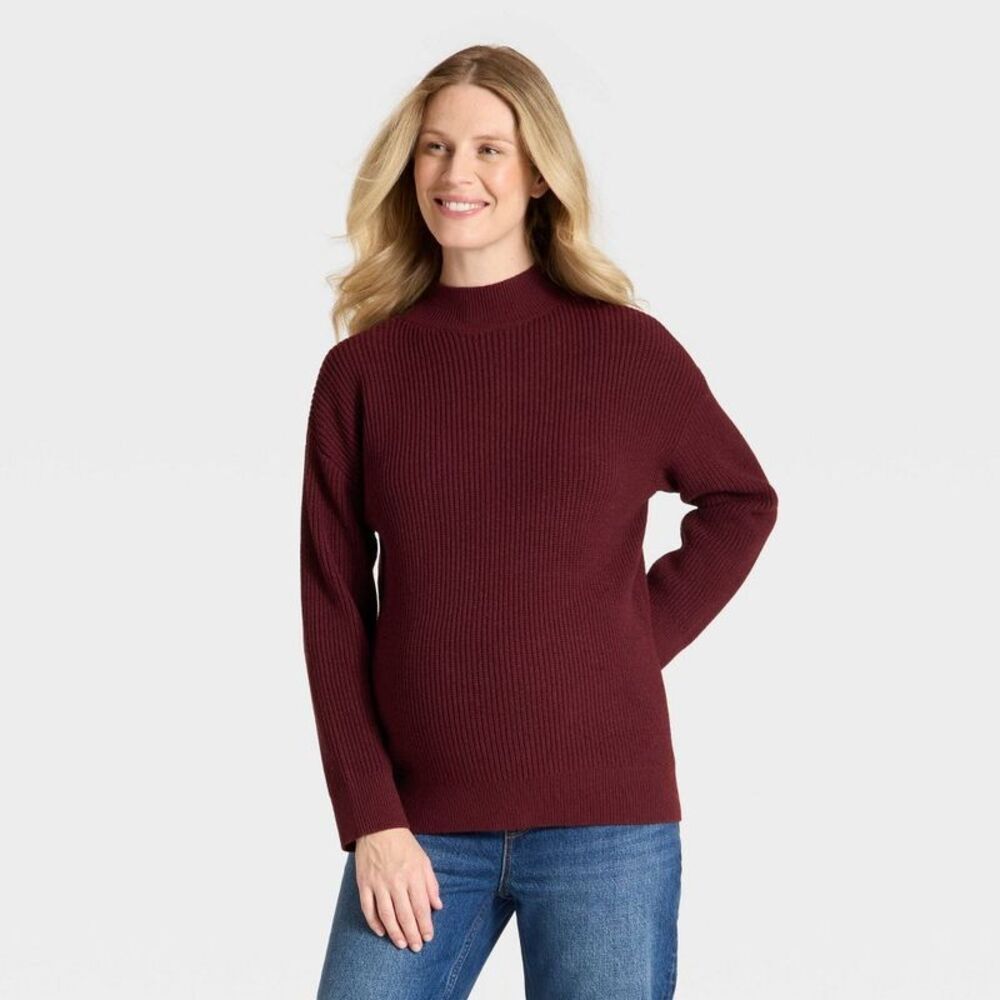 Mock Turtleneck Tunic Maternity Pullover Sweater - Red